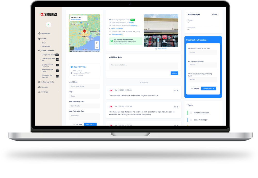 B2B Smokes CRM Dashboard Screen